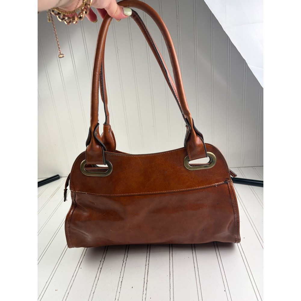 Vintage Y2K Cognac Brown Leather Multi-Pocket Shoulder Bag Satchel Purse - Picture 6 of 12